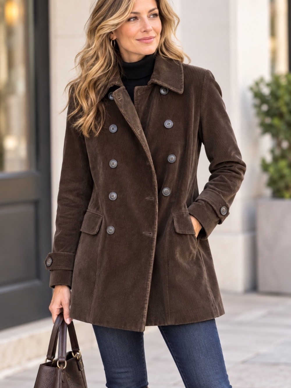 Classic Jenne Maag Chocolate Brown Corduroy Double-Breasted Coat – Petite